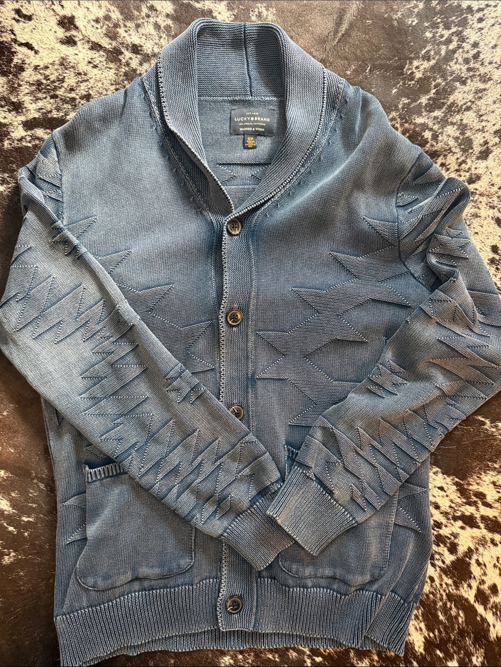 Lucky Brand Men's Denim Blue Aztec Shawl-Collar Button Cardigan small